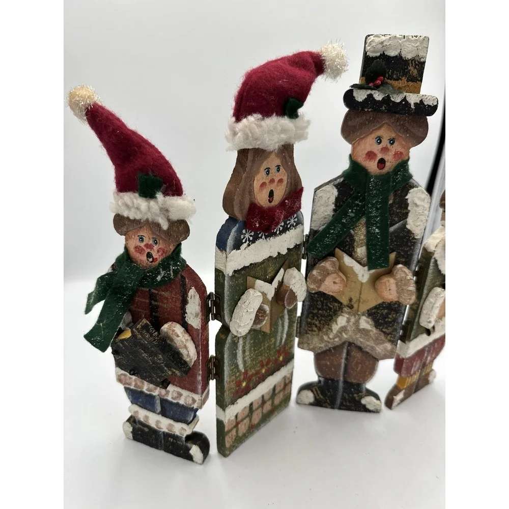 Vintage Wooden Christmas Carolers Hand-Painted Hinged Screen Rustic Victorian